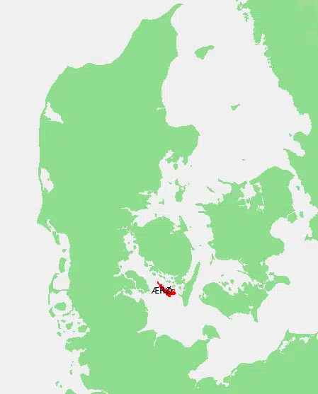 Danmarkskort med ærø optegnet med rødt. Ærø er en ø belligende syd for fyn i det fynske ø hav